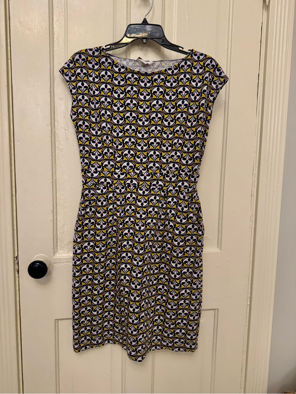 Boden Geometric Cap-Sleeve Midi Dress - Yellow/Black/White Sz US 8R